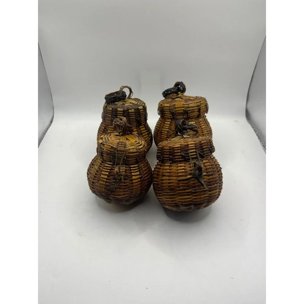 Set of 4 Mini Woven Baskets Trinket‎ Boxes Hinged Lidded